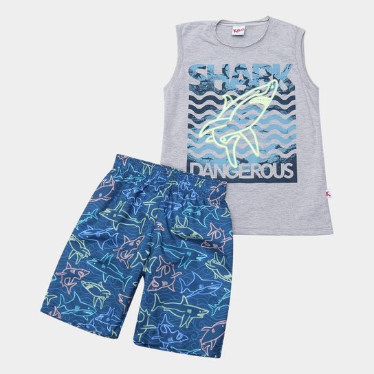 Conjunto Infantil Kiko & Kika Shark Masculina - Cinza