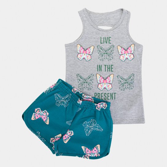 Conjunto Infantil Kyly Blusa Shorts Borboleta Feminino - Mescla