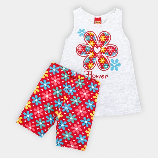 Conjunto Infantil Kyly Blusa Shorts Cotton Flores - Cinza+Vermelho