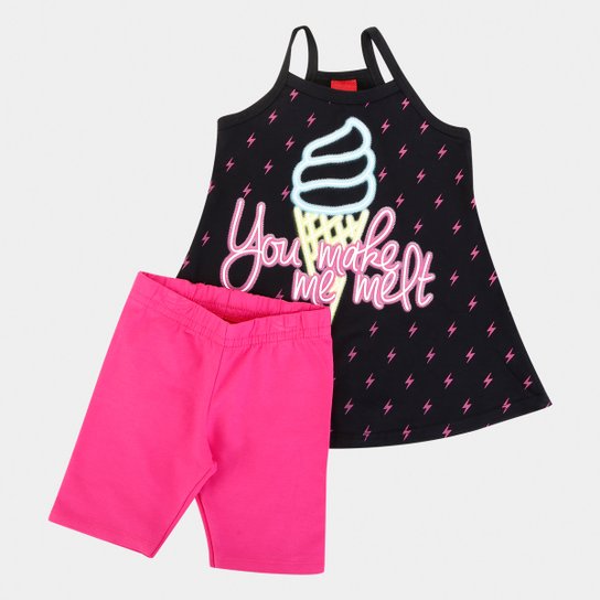 Conjunto Infantil Kyly Blusa Shorts Cotton - Preto+Pink