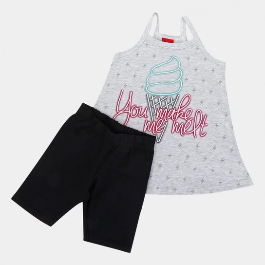Conjunto Infantil Kyly Blusa Shorts Cotton - Cinza+Preto
