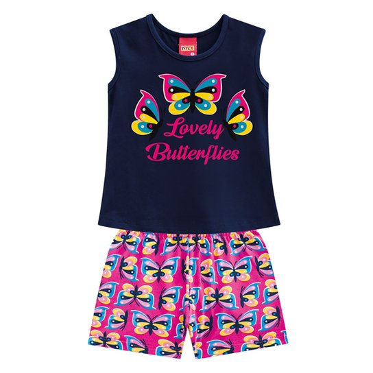 Conjunto Infantil Kyly Borboletas Feminino - Marinho