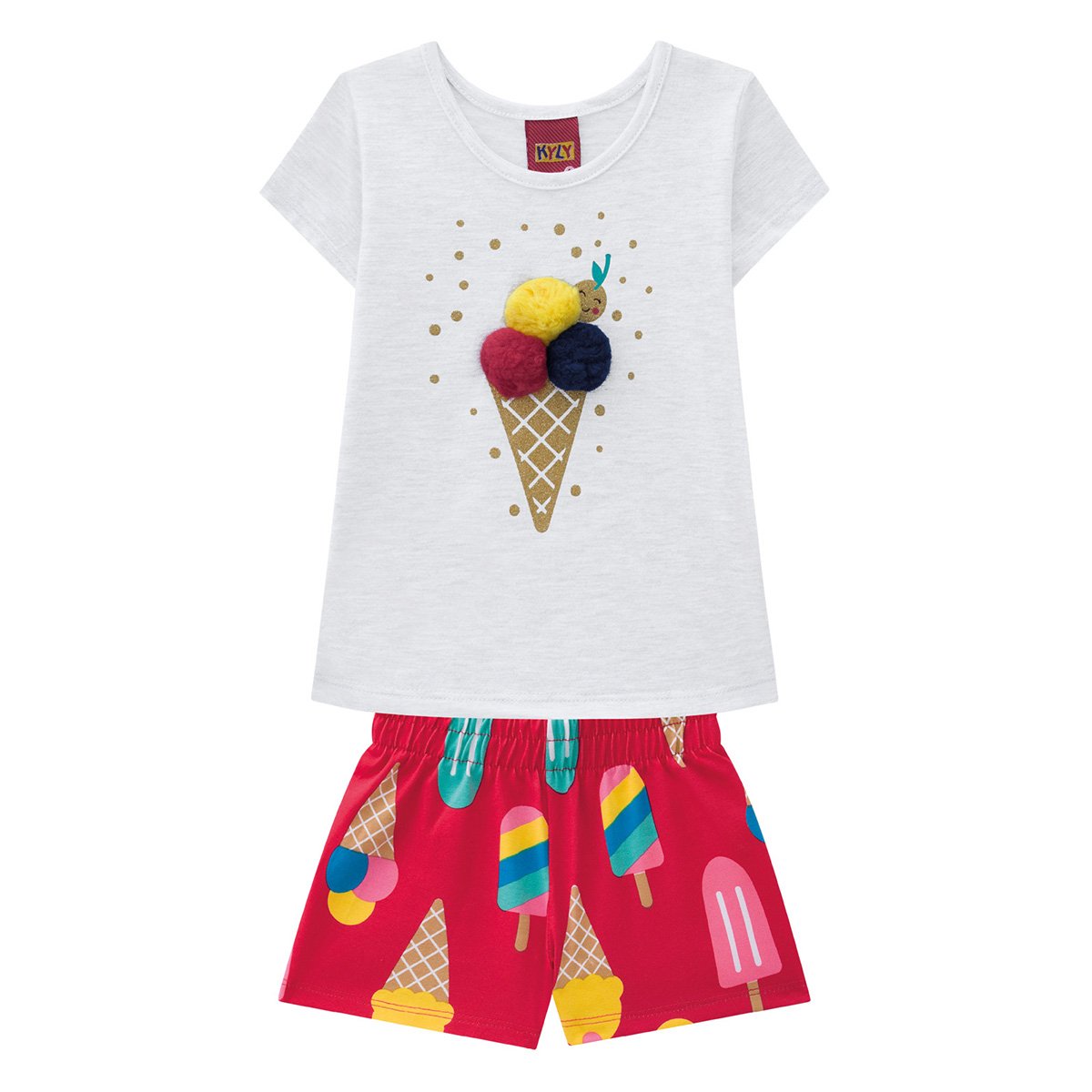 Conjunto Infantil Kyly Camiseta E Shortes Sorvete Pompom Menina - Mescla Menor preço em Conjunto Infantil Kyly Camiseta E Shortes Sorvete Pompom Menina - Mescla