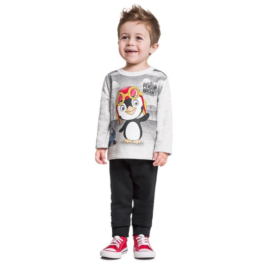 Conjunto Infantil Kyly Pinguim Peluciado Masculino - Cinza