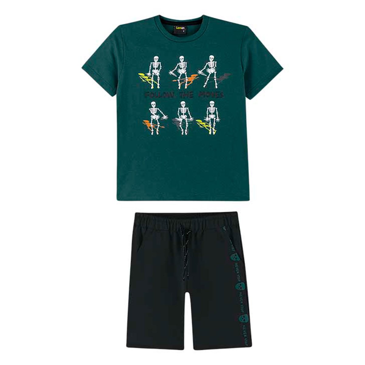 Conjunto Infantil Lemon Skull Camiseta + Bermuda Menino - Verde+Preto Menor preço em Conjunto Infantil Lemon Skull Camiseta + Bermuda Menino - Verde+Preto