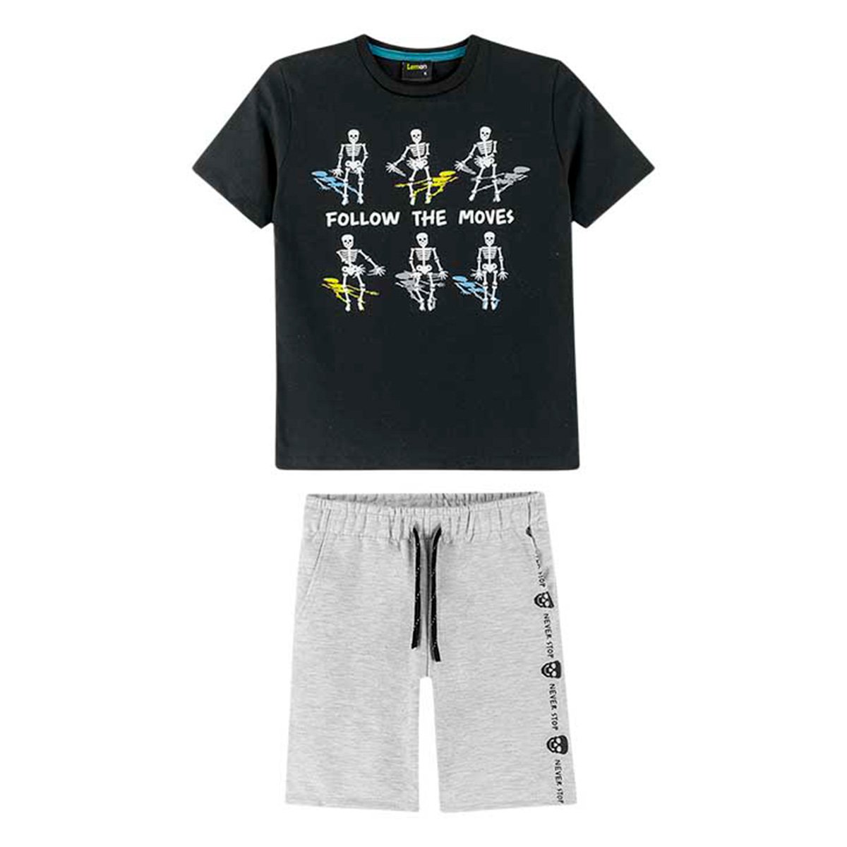 Conjunto Infantil Lemon Skull Camiseta + Bermuda Menino - Preto+Cinza Menor preço em Conjunto Infantil Lemon Skull Camiseta + Bermuda Menino - Preto+Cinza