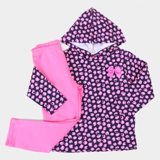 Conjunto Infantil Longo Pipa Moletinho Onça Capuz Feminino - Azul