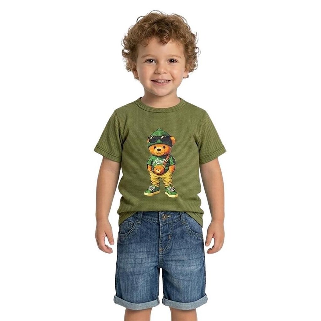Conjunto Infantil Look Jeans Camiseta Urso e Shorts Jeans - 1