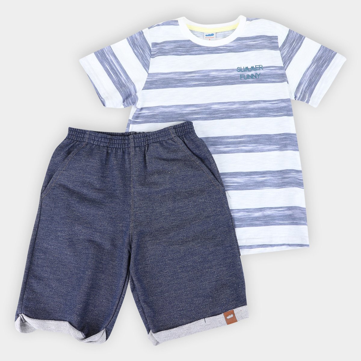 Conjunto Infantil Marlan Camiseta Listrada + Bermuda Malha Jeans Masculino - Marinho Menor preço em Conjunto Infantil Marlan Camiseta Listrada + Bermuda Malha Jeans Masculino - Marinho