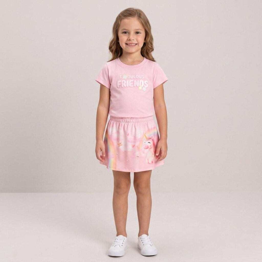 Conjunto Infantil Menina Blusa E Shorts Saia Estampada Rovi Kids