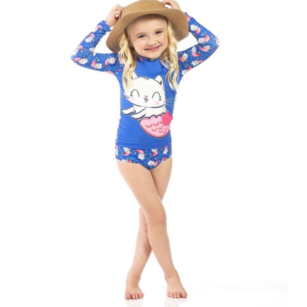 Conjunto Infantil Menina Blusa Manga Longa e Calcinha Proteção UV 50+ Gatinha Sereia 2 peças Tam 1 a