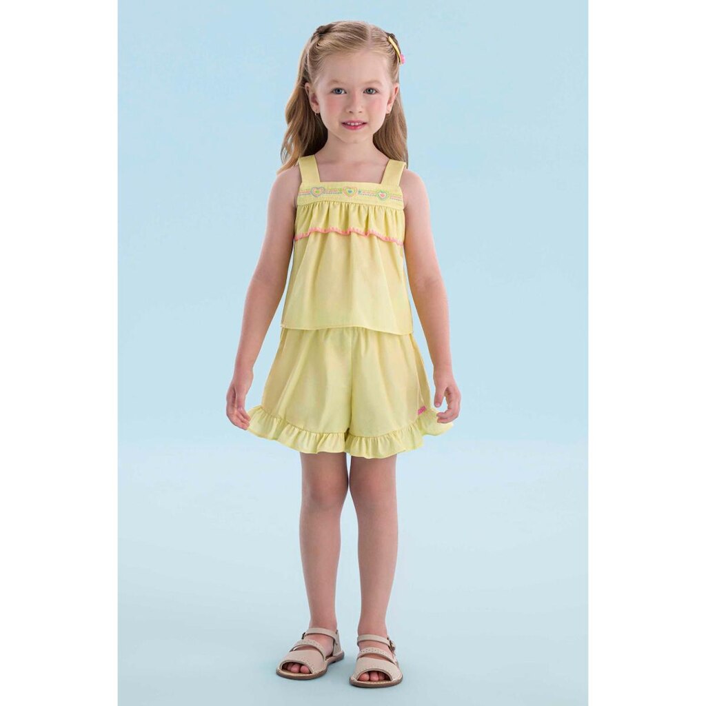 Conjunto Infantil Menina Blusa/Short Amarelo em Tricoline Mon Sucré