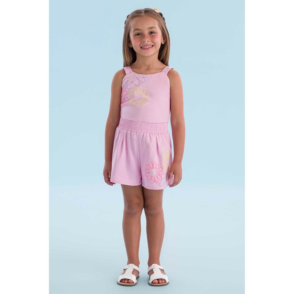 Conjunto Infantil Menina Blusa/Short Rosa em Tricoline Mon Sucré