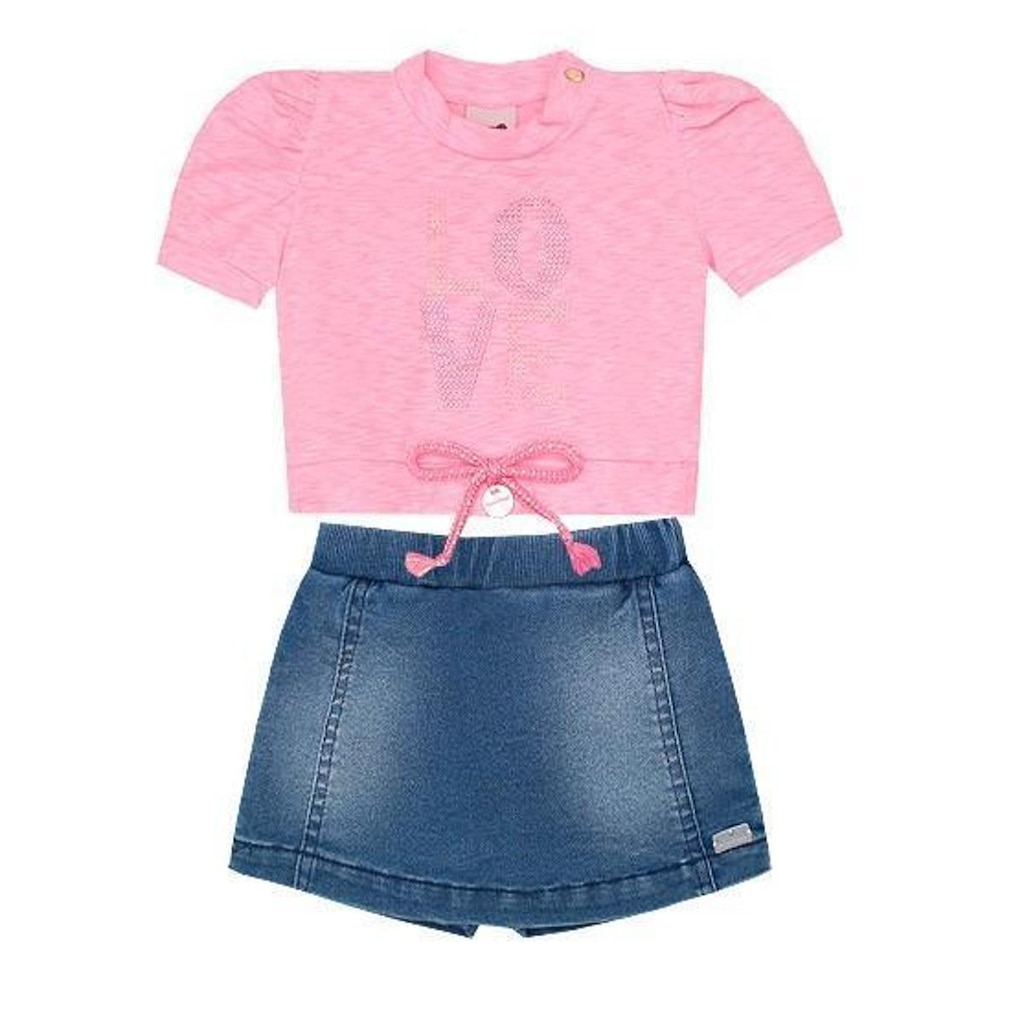 Conjunto Infantil Menina Blusa+Short Saia Jeans Aconchego