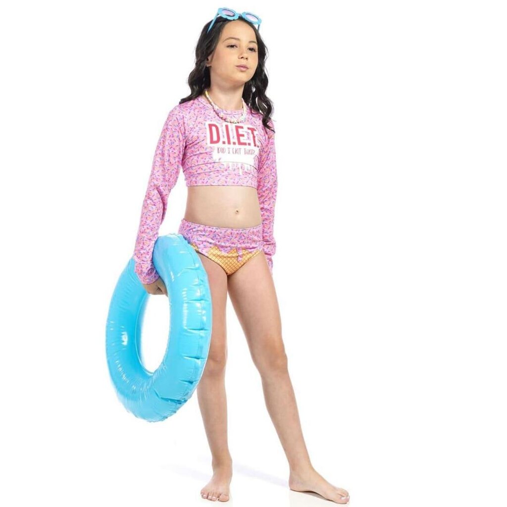 Conjunto Infantil Menina Cropped Manga Longa e Calcinha  Proteção UV 50+ Sorvete 2 peças Tam 6  a 10
