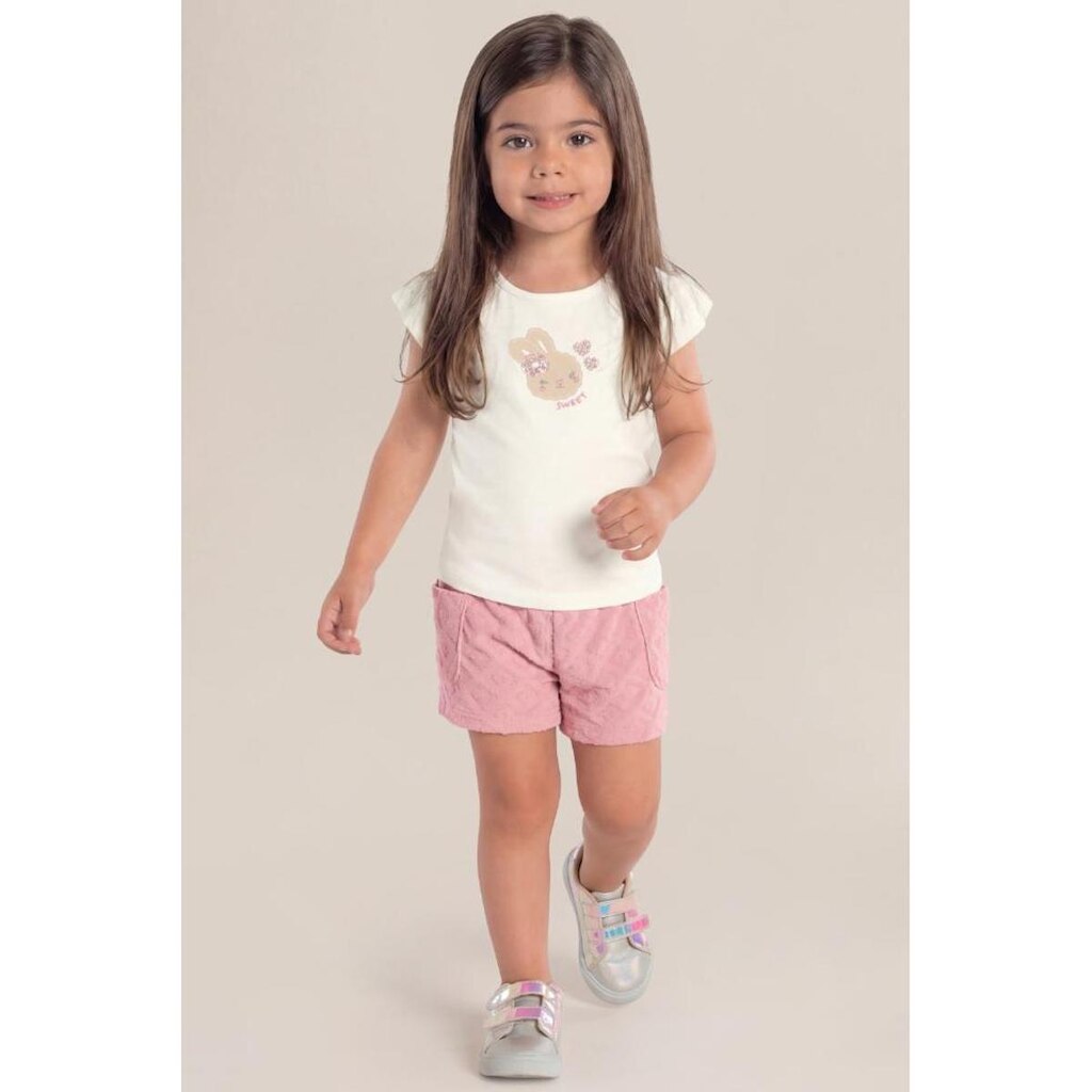 Conjunto infantil menina em meia malha com estampa de coelho Brandili