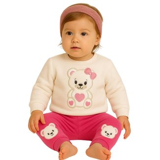 Conjunto Infantil Menina Moletom Peluciado Com Bordado de Ursinho Kyly