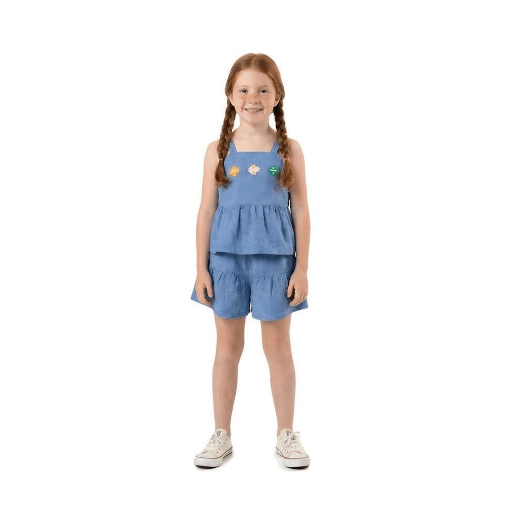 Conjunto Infantil Menina Poá de Pássaros Alphabeto Azul