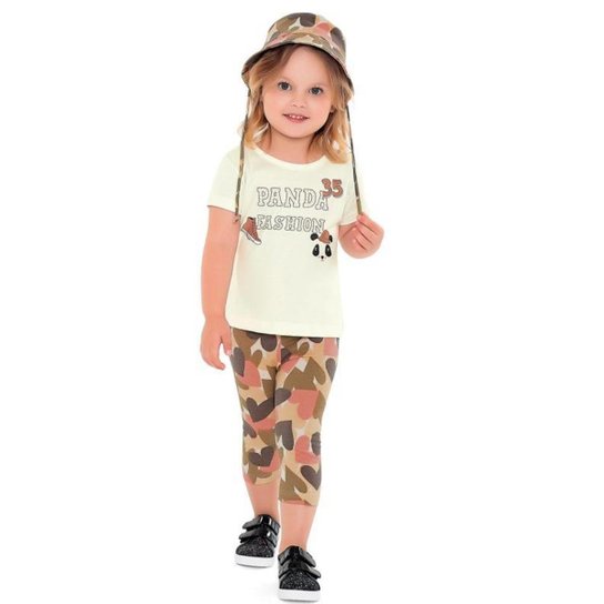 Conjunto Infantil Menina Verão Panda, Blusa, Capri e Chapéu, 3 Peças - Fakini