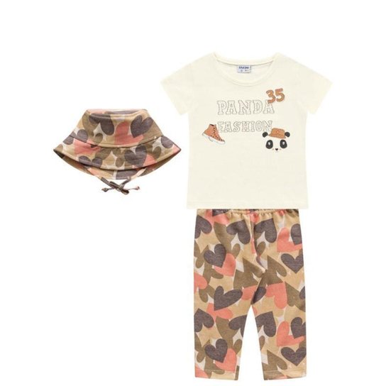Conjunto Infantil Menina Verão Panda, Blusa, Capri e Chapéu, 3 Peças - Fakini