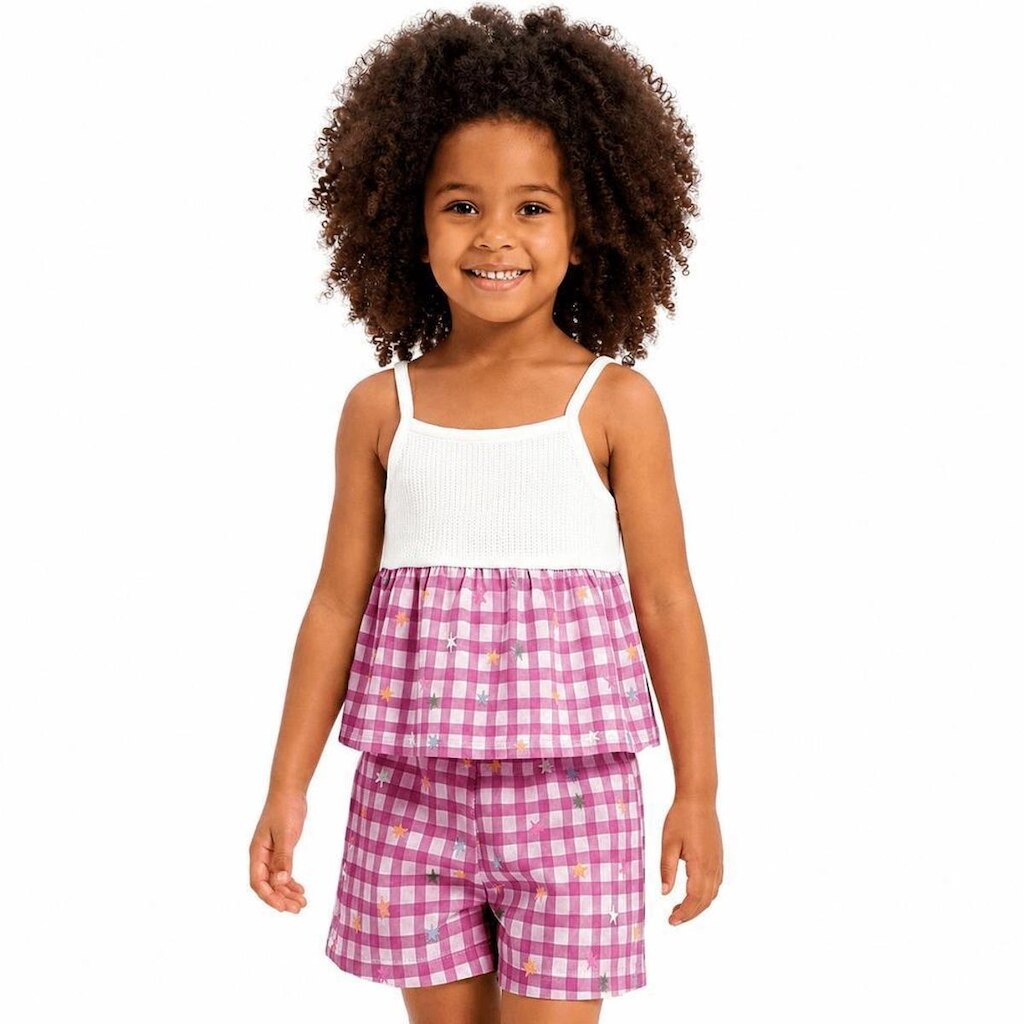 Conjunto Infantil Menina Xadrez Collors Alphabeto Off e Rosa