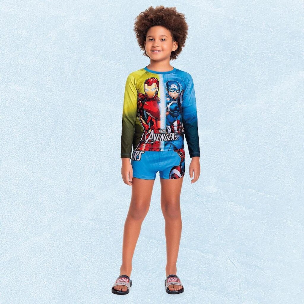 Conjunto Infantil Menino Blusa E Sunga Proteção Solar UV50+ Avangers Licenciado Tam 4 a 10 - Fakini