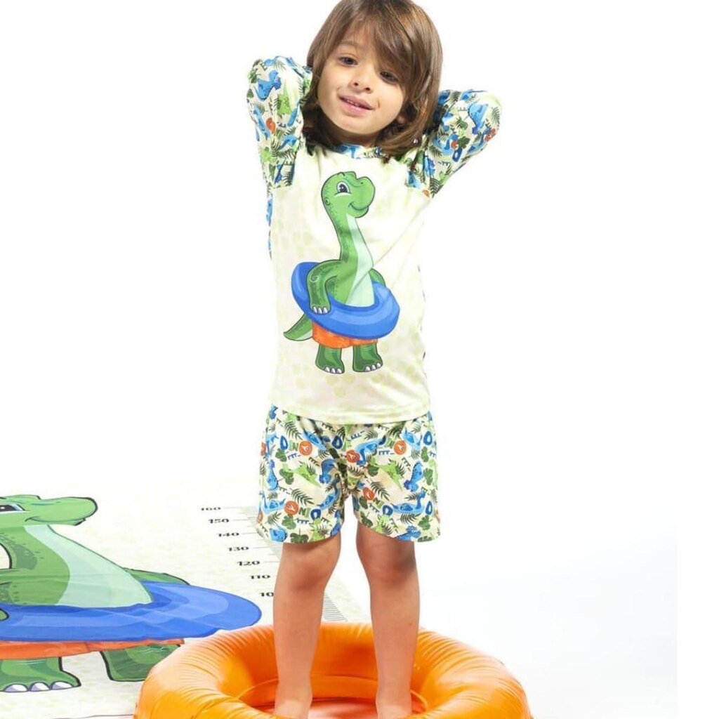 Conjunto Infantil Menino Blusa Manga Longa e Sunga Boxer Proteção UV 50+ Dinossauro 2 peças Tam 6 a