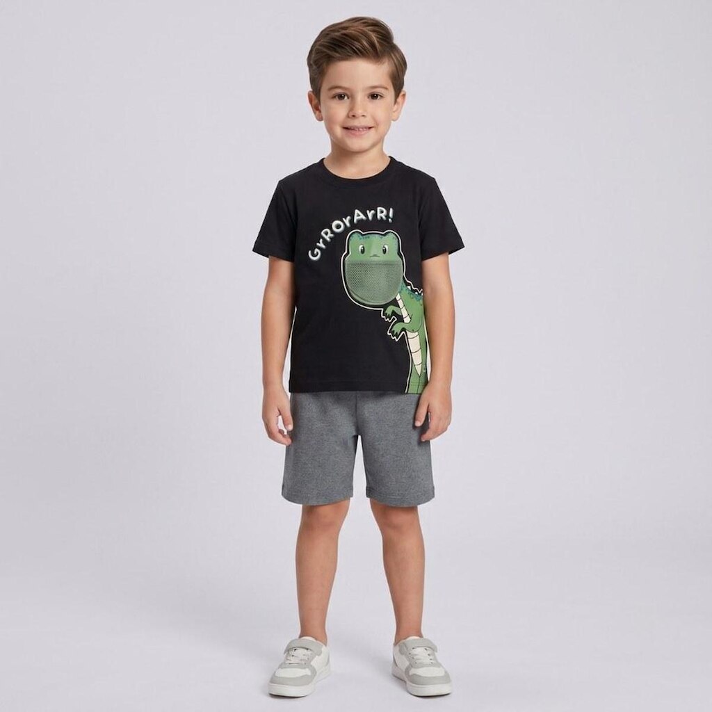 Conjunto Infantil Menino Camiseta E Bermuda Dinossauro Rovi Kids