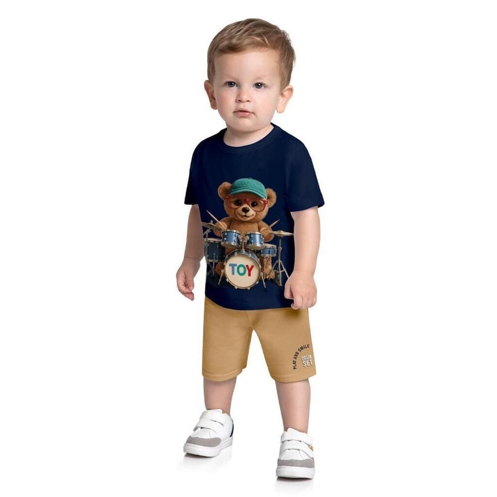 Conjunto Infantil Menino Camiseta Ursinho Bermuda Bege Kyly