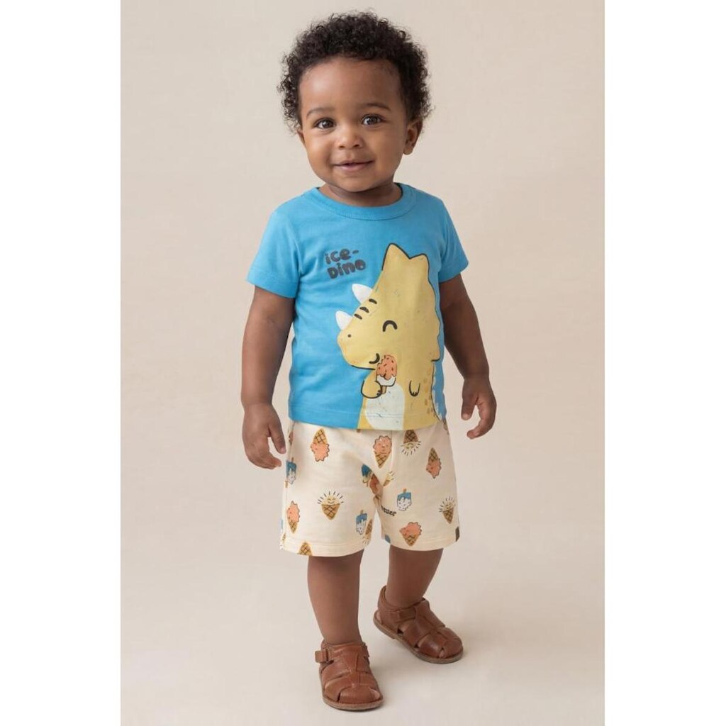 Conjunto infantil menino em meia malha com estampa de dinossauro Brandili