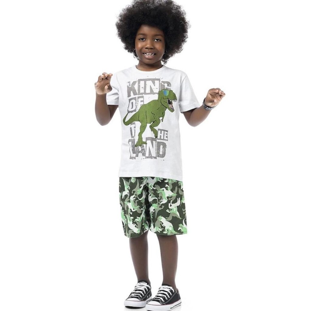 Conjunto Infantil Menino Verão Camiseta e Bermuda em Microfibra Dinossauro 2 peças Tam 4 a 12 - Faki