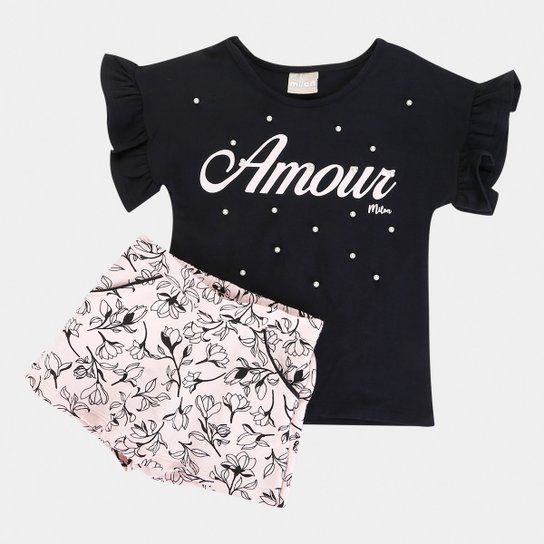 Conjunto Infantil Milon Floral Feminino - Preto