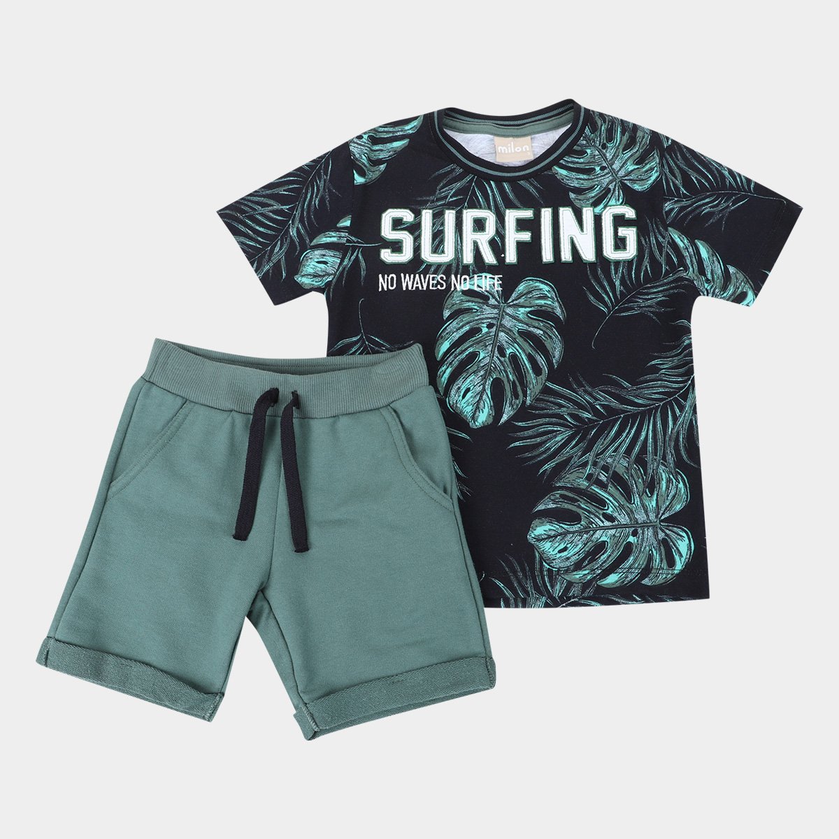 Conjunto Infantil Milon Praia Folhagens Masculino - Preto Menor preço em Conjunto Infantil Milon Praia Folhagens Masculino - Preto