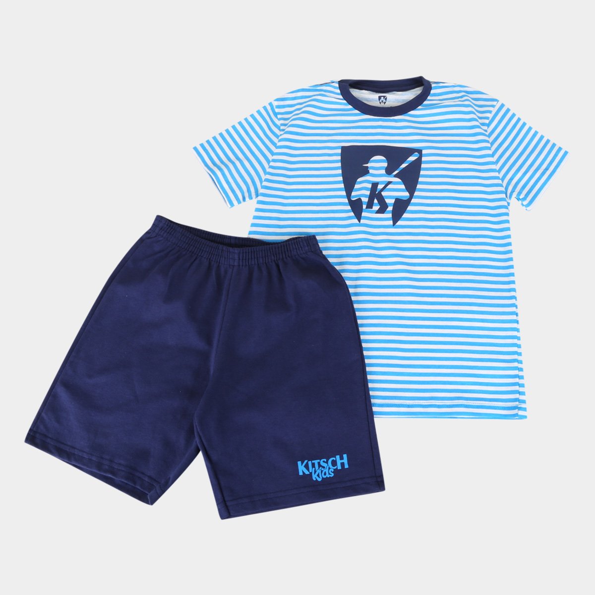 Conjunto Infantil MR. Kitsch Camiseta Listrada + Short Liso Masculino - Azul Turquesa+Marinho é ruim? Conjunto Infantil MR. Kitsch Camiseta Listrada + Short Liso Masculino - Azul Turquesa+Marinho é boa?