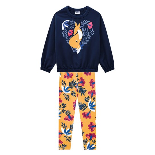 Conjunto Infantil Nanai Blusa Moletinho E Legging Floral Feminino - Marinho
