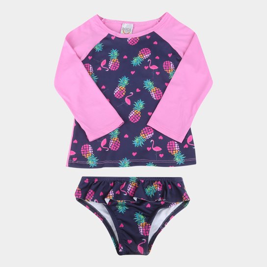 Conjunto Infantil Natação Camiseta Boca Grande Manga Longa Floral e Calcinha Proteção UV 50+ - Marinho