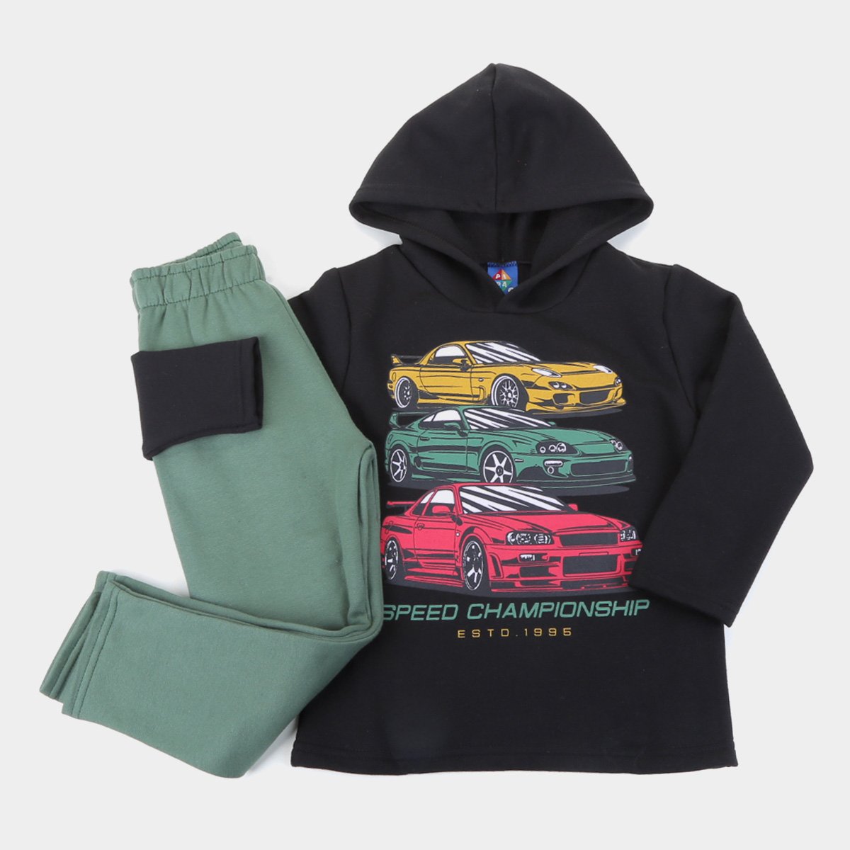 Conjunto Infantil Pipa Carros Capuz Masculino - Preto Menor preço em Conjunto Infantil Pipa Carros Capuz Masculino - Preto