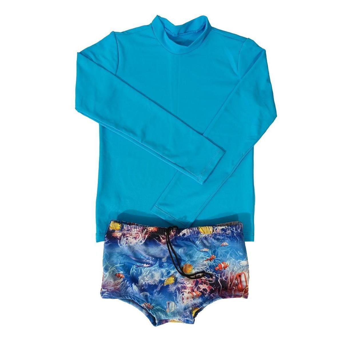 Conjunto infantil praia menino proteção UV 50+ camisa e sunga boxer - Azul Menor preço em Conjunto infantil praia menino proteção UV 50+ camisa e sunga boxer - Azul