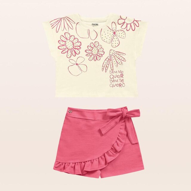 Conjunto Infantil Verão Blusa E Short Saia Bem Me Quero Tam 4 a 10 - Fakini