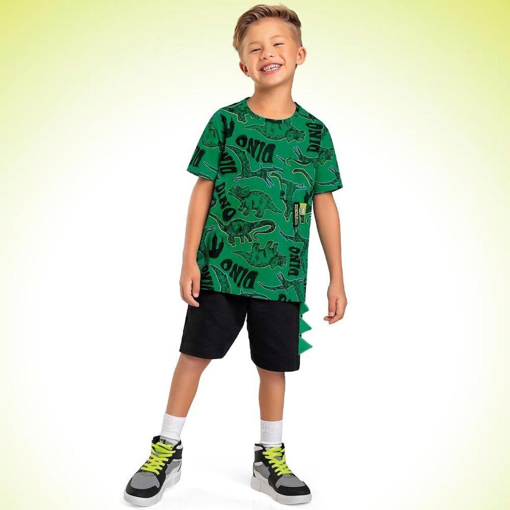 Conjunto Infantil Verão Camiseta e Bermuda em Moletinho Dinossauro Tam 4 a 10 - Fakini