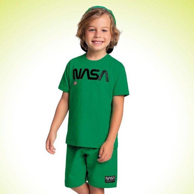 Conjunto Infantil Verão Camiseta e Bermuda Moletinho Nasa 2 Peças Tam 4 a 10 - Fakini