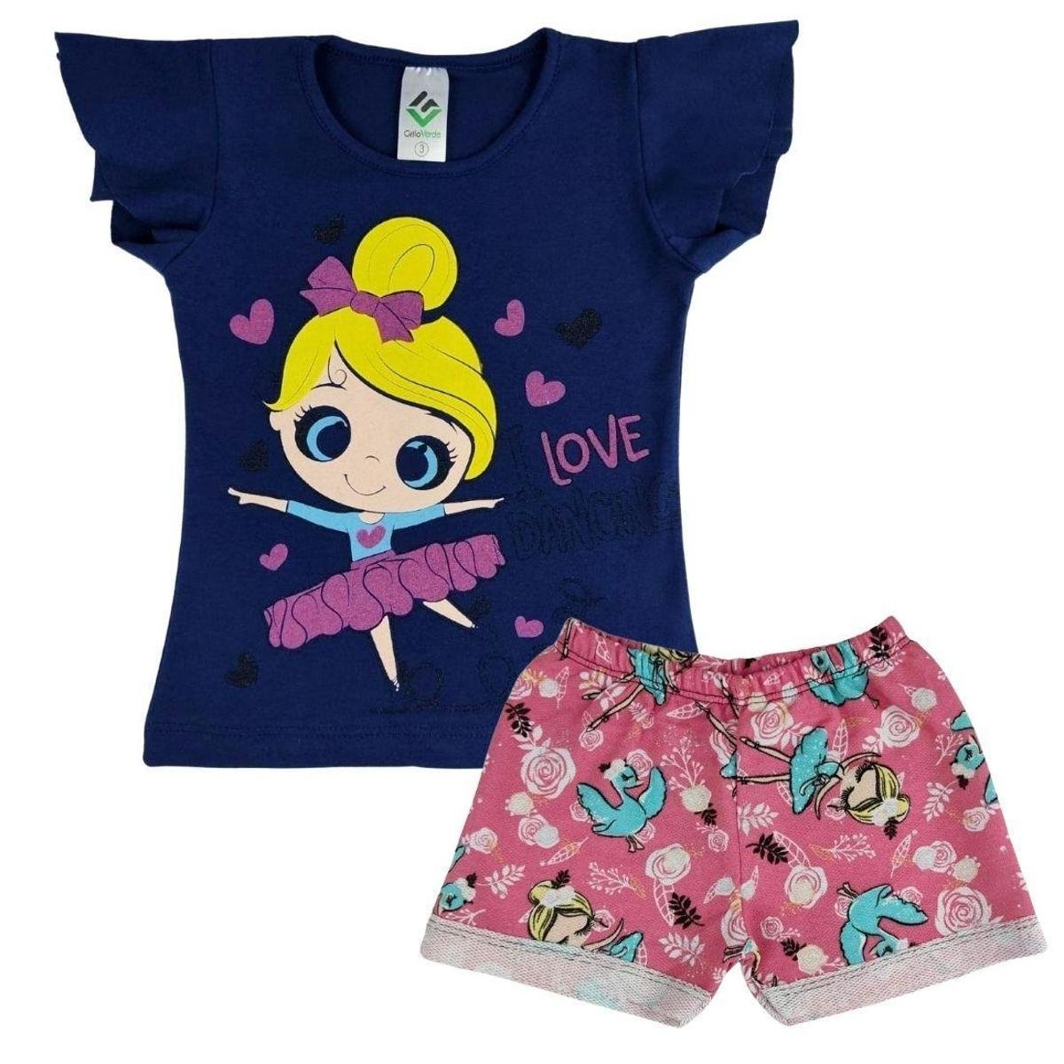 Conjunto Infantil Verão Camiseta Manga Borboleta e Shorts Estampado Menina - Marinho Menor preço em Conjunto Infantil Verão Camiseta Manga Borboleta e Shorts Estampado Menina - Marinho
