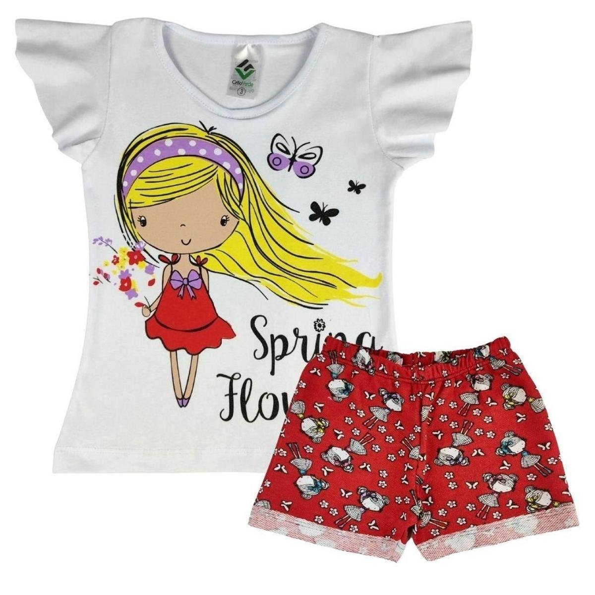 Conjunto Infantil Verão Camiseta Manga Borboleta e Shorts Estampado Menina - Branco é boa?