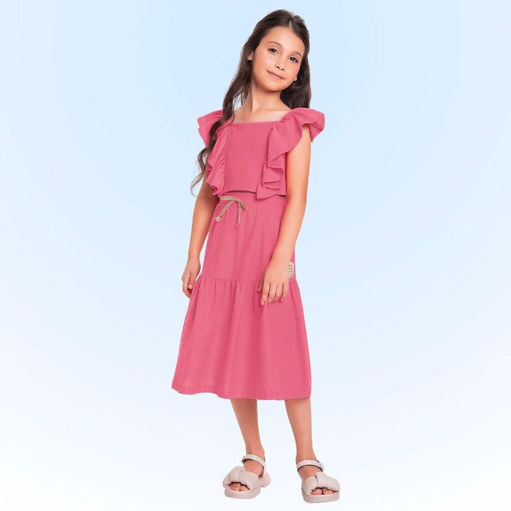 Conjunto Infantil Verão Menina Cropped e Saia Midi Rosa Tam 4 a 10 - Fakini