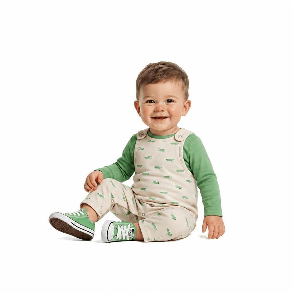 Conjunto Jardineira Bebê Menino Jacaré Verde Alphabeto