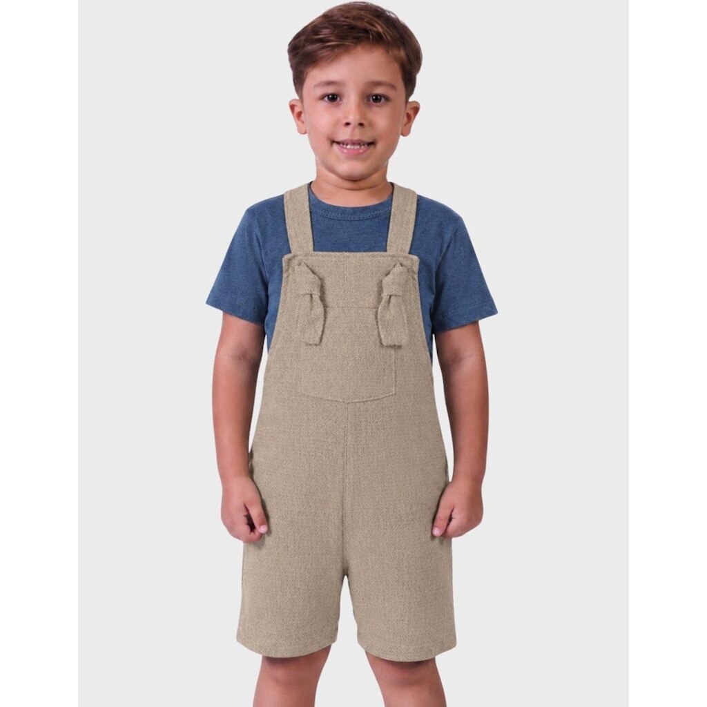 Conjunto Jardineira Tecido Luxo Alfaitaria Com Camisa Gola Canoa Moda Estilo Verão Menino 1 a 4