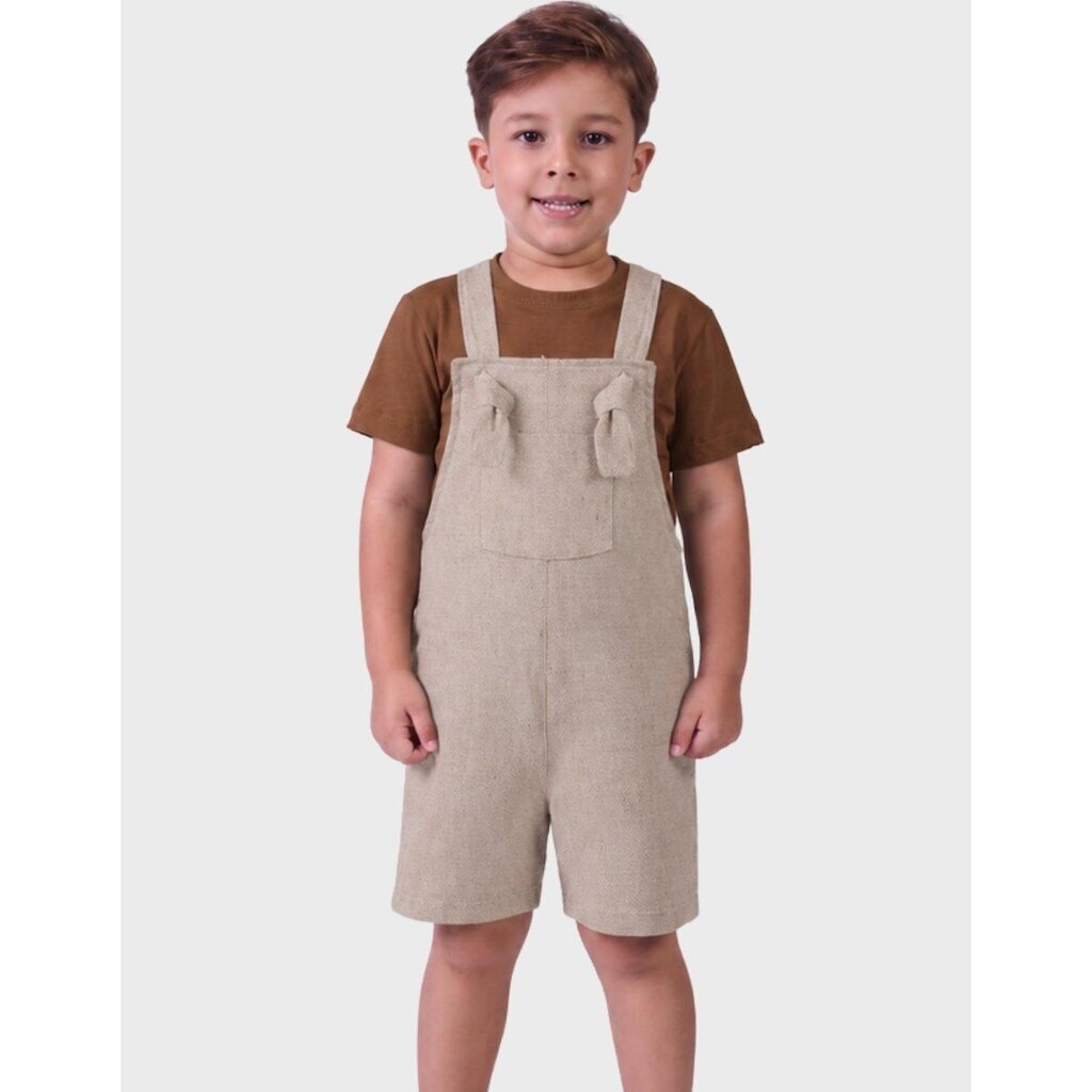 Conjunto Jardineira Tecido Luxo Alfaitaria Com Camisa Gola Canoa Moda Estilo Verão Menino 1 a 4