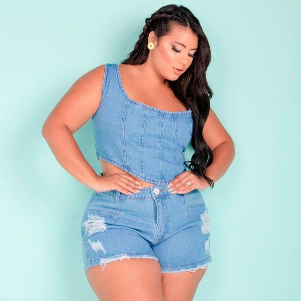 Conjunto Jeans Plus Size Estiloso Cropped e Short Moda Plus Zattini