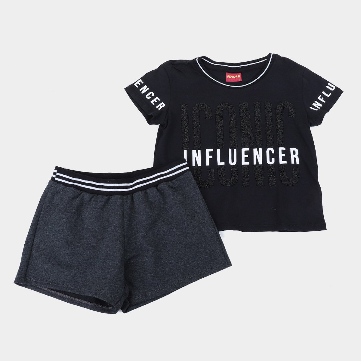 Conjunto Juvenil Amora Cropped+Short Moletom Iconic Feminino - Preto Menor preço em Conjunto Juvenil Amora Cropped+Short Moletom Iconic Feminino - Preto