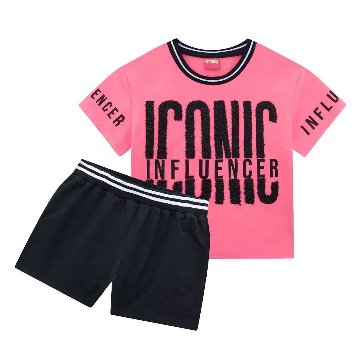 Conjunto Juvenil Amora Cropped+Short Moletom Iconic Feminino - Rosa Menor preço em Conjunto Juvenil Amora Cropped+Short Moletom Iconic Feminino - Rosa